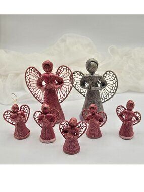 Woven Straw Angel Christmas Ornaments, 2 Large 4 Small, Heart Wings, Pink Gray